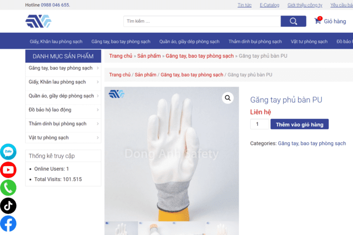 Các sản phẩm găng tay bảo hộ trên website Vật tư Công nghiệp Đông Anh đều có các thông tin chi tiết về chất liệu, kích thước, quy cách đóng gói (Nguồn ảnh: Sưu tầm)