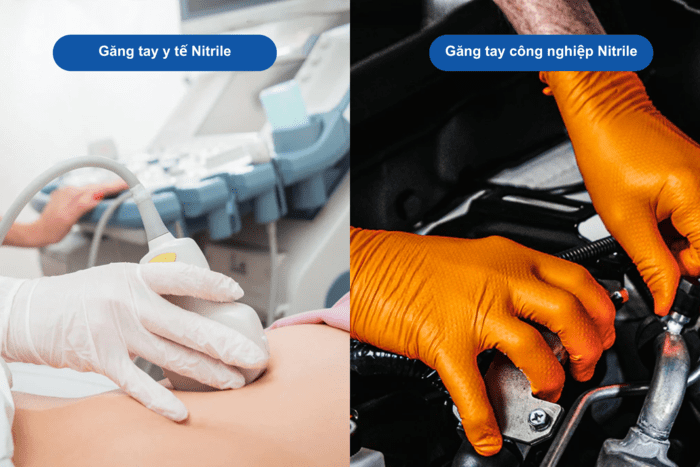 Găng tay cao su y tế Nitrile thường có màu trắng, xanh lam; còn loại dùng trong công nghiệp có màu đen, cam, xanh 