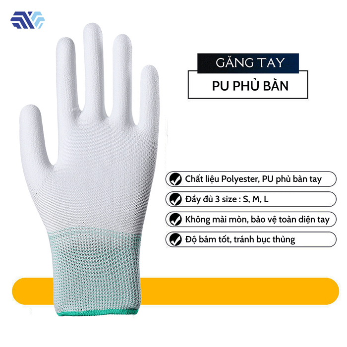 Găng tay PU phủ bàn thường làm từ chất liệu polyester, cotton và sợi carbon, lòng bàn tay phủ một lớp PU