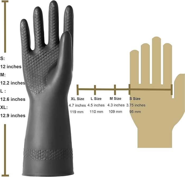 Bạn nên đo chiều rộng của lòng bàn tay và chiều dài của bàn tay và đối xứng với thông số sản phẩm, đây là cách sử dụng găng tay cao su khá quan trọng mà người dùng hay bỏ qua