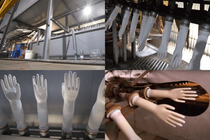 Trong quy trình sản xuất găng tay cao su, công đoạn sấy khô găng tay và lưu hóa qua nhiều mức nhiệt khác nhau giúp tăng độ bền và độ đàn hồi cho bao tay (Nguồn ảnh: Sưu tầm)