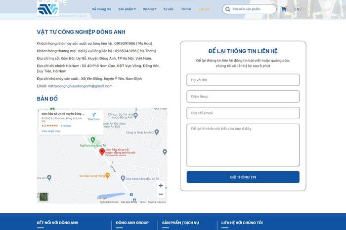 Website Vật tư Công nghiệp Đông Anh với các thông tin liên hệ rõ ràng, minh bạch giúp khách hàng an tâm khi đặt mua sản phẩm online (Nguồn ảnh: Sưu tầm)