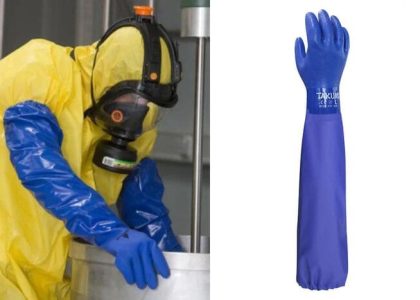 Găng tay chống hóa chất Takumi PVC-600X với thiết kế tay dài, bảo vệ toàn bộ cánh tay (Nguồn ảnh: Sưu tầm)